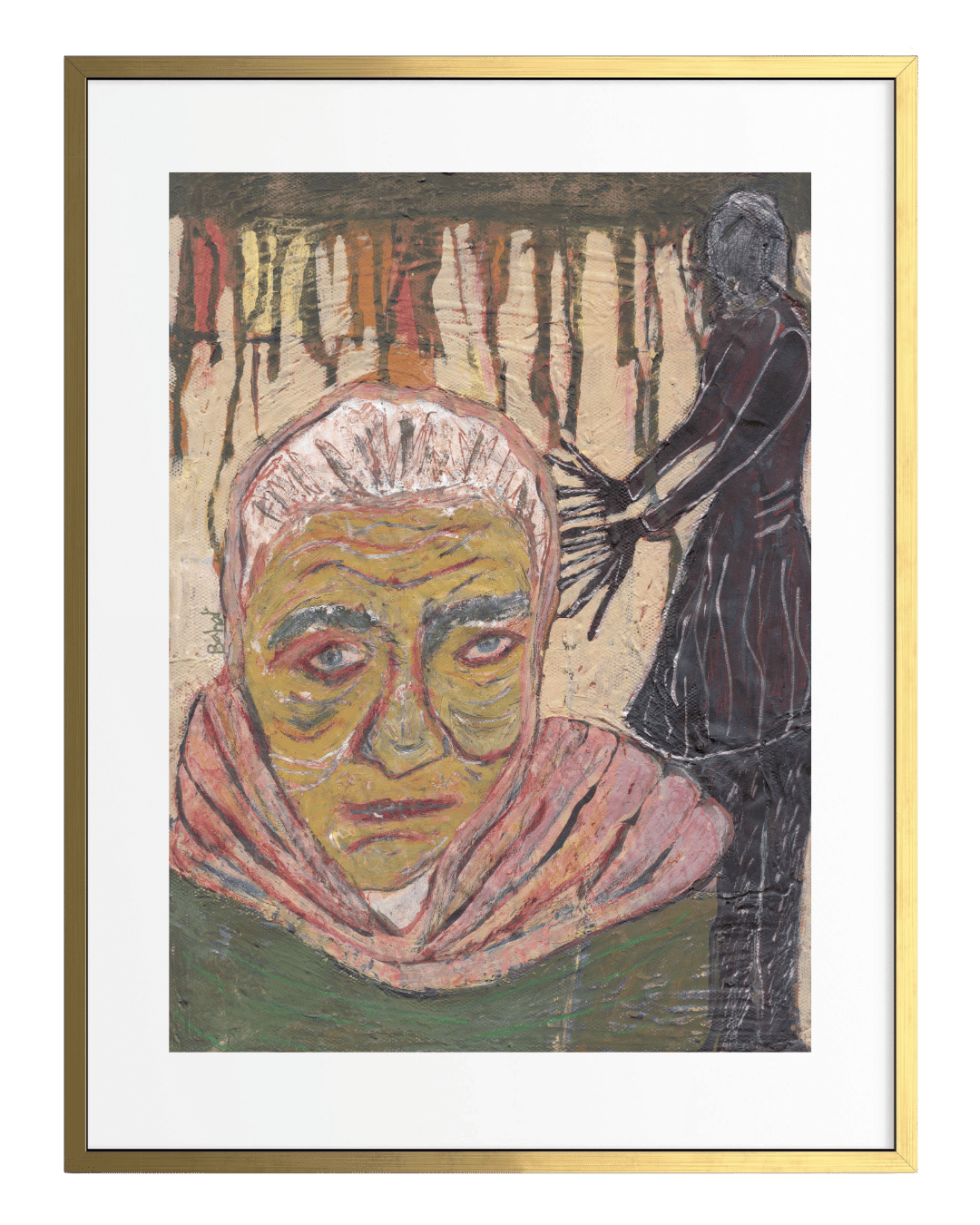 Framed artwork of a woman's face with a blurred figure in the background