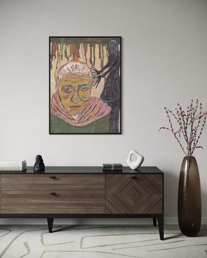 Framed artwork on a wall above a wooden sideboard with decorative items.