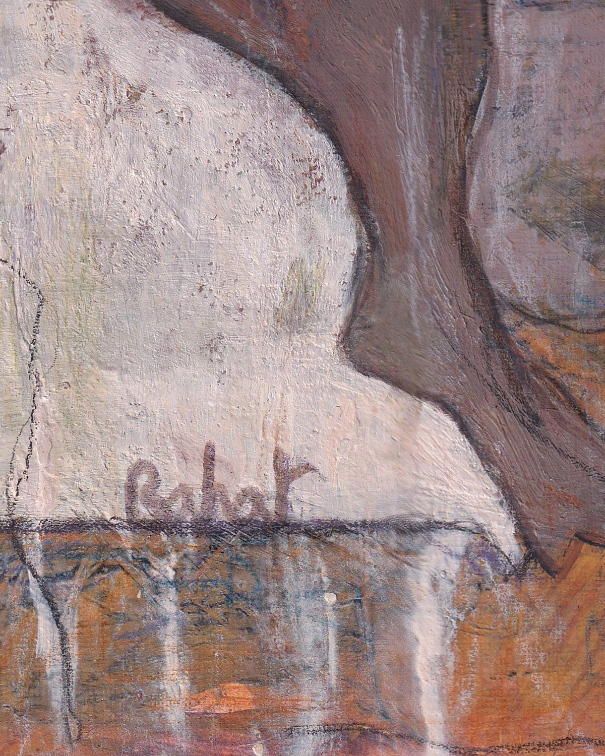 Artistic depiction of a horse with a signature in the foreground