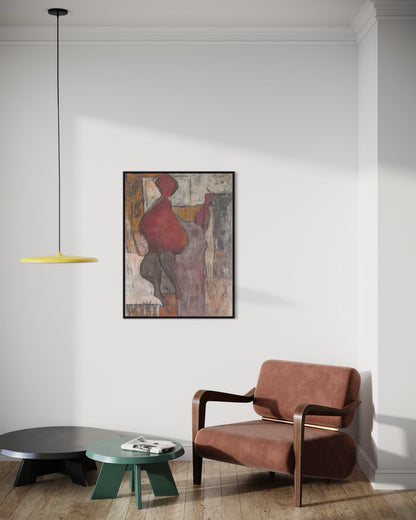 Modern living room with a brown armchair, round table, and abstract painting on the wall.
