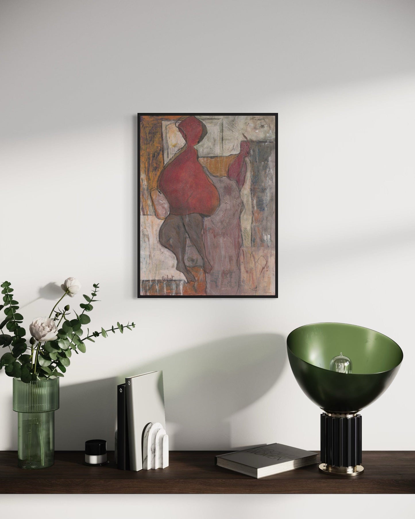 Modern interior with a abstract painting, green vase, and decorative items on a shelf.