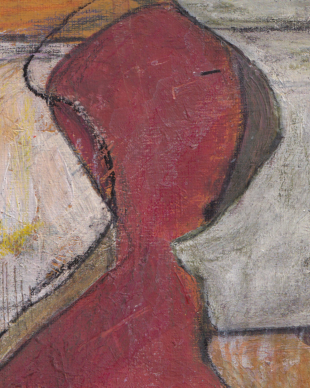 Abstract painting with a red figure and textured background