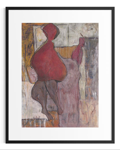 Framed abstract artwork with a prominent red figure on a textured background