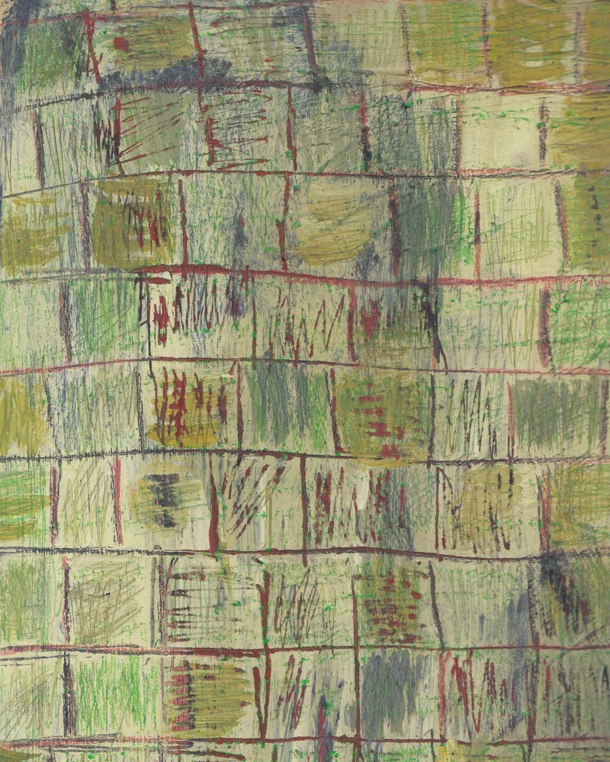 Abstract pattern with green, red, and brown squares on a textured background