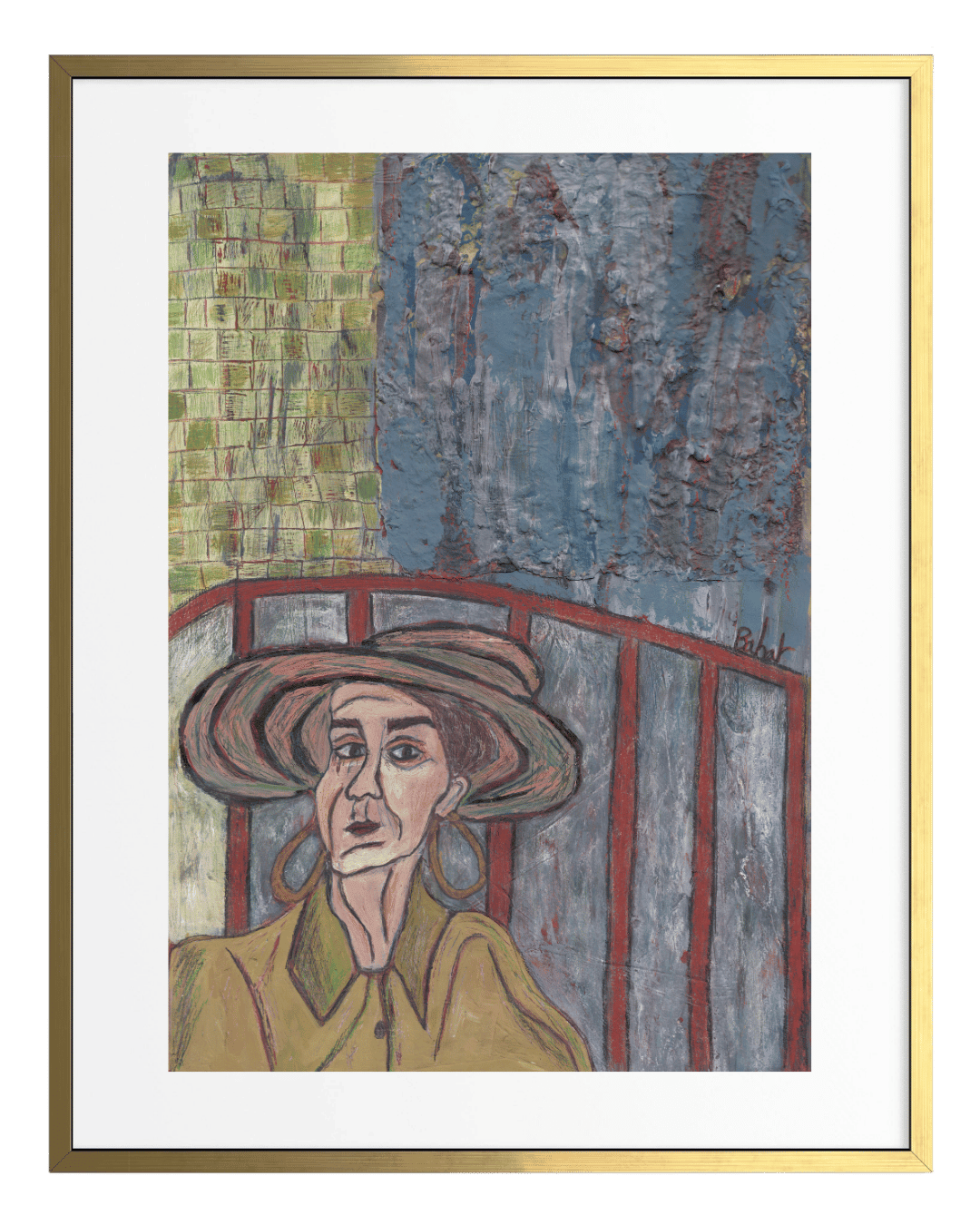 Framed artwork of a woman with a hat against a textured wall.