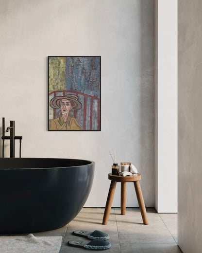 Modern bathroom with a black freestanding bathtub, wooden stool, and abstract painting on the wall.