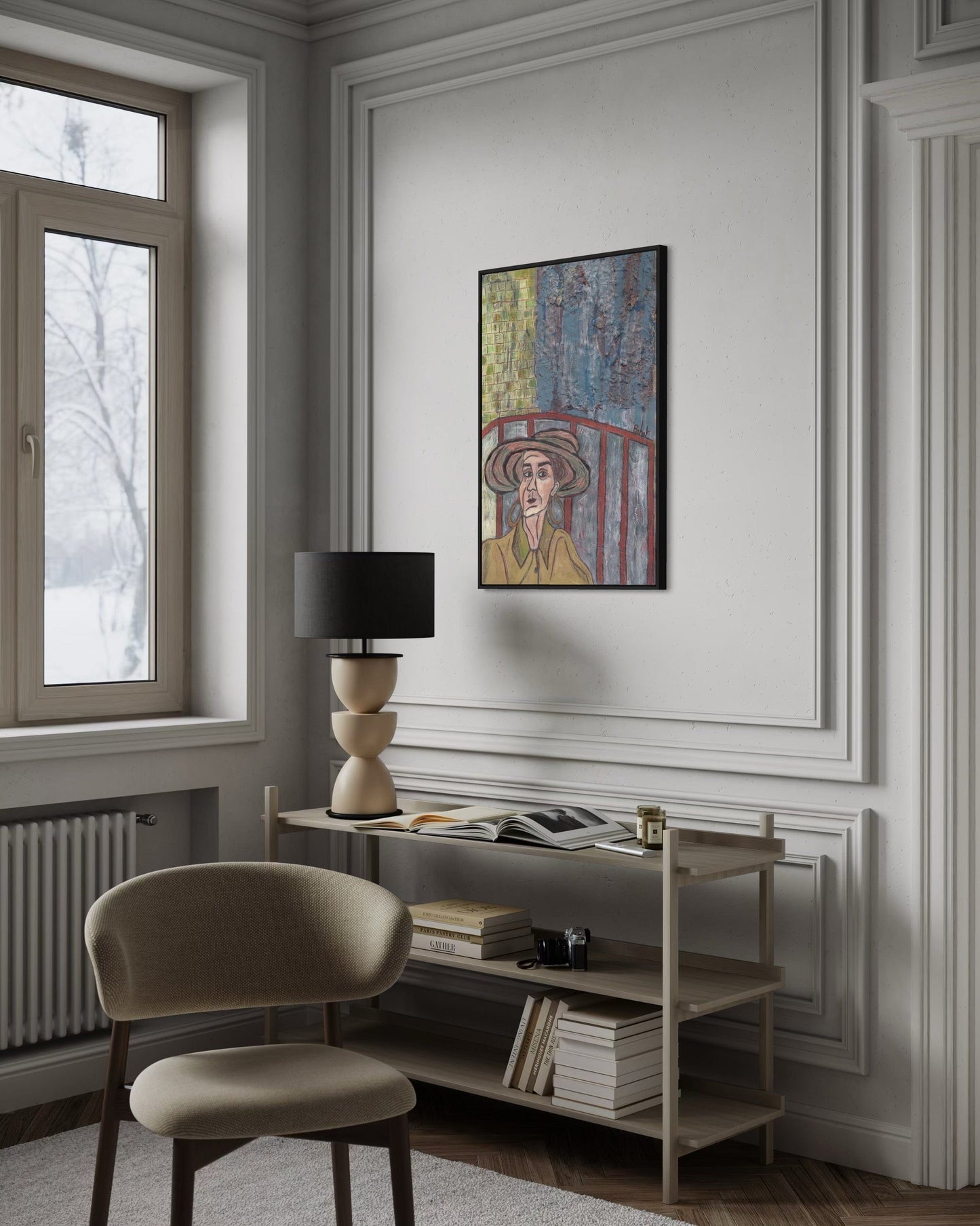 Modern interior with a chair, shelf, and colorful abstract painting on a wall.