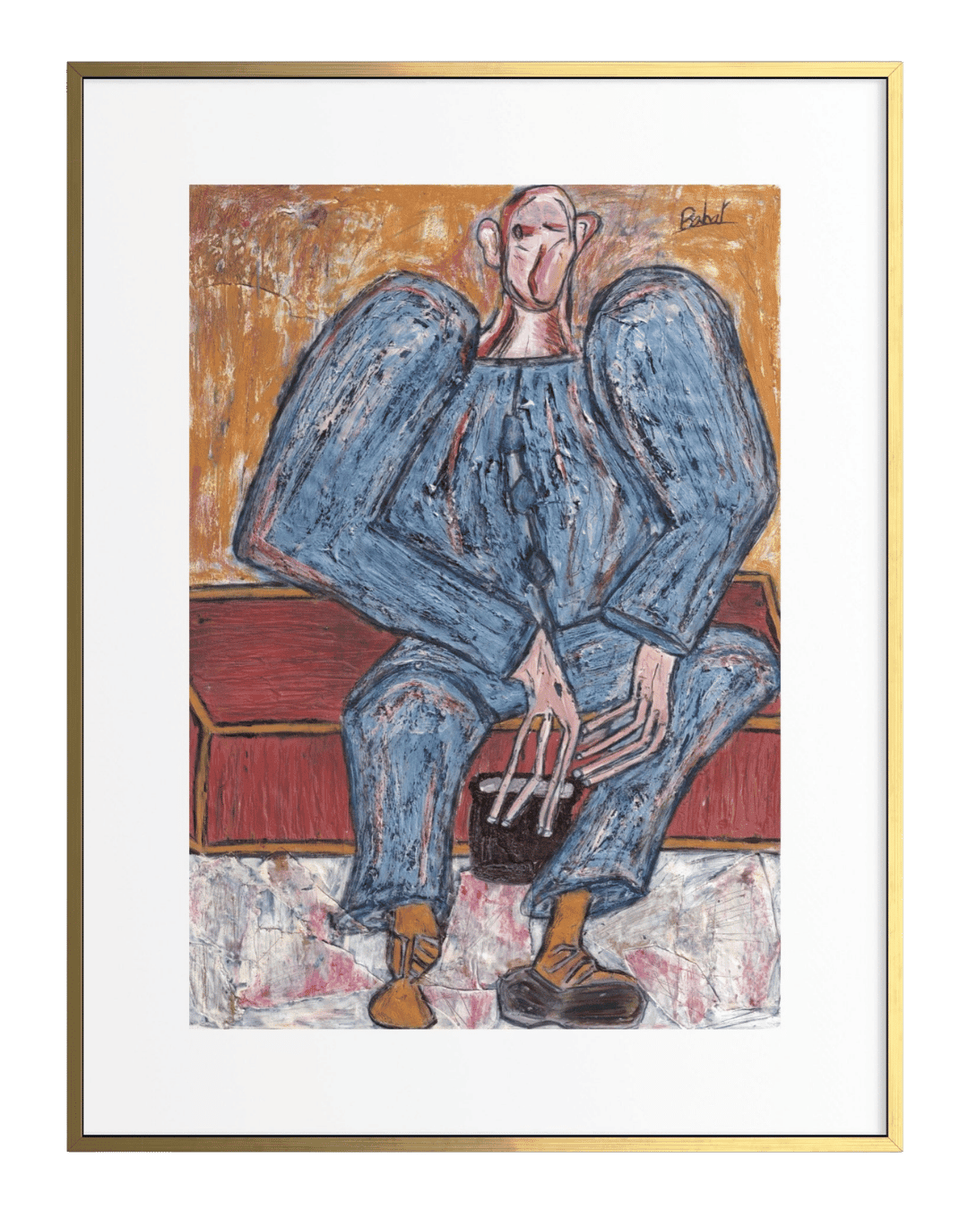 Artistic depiction of a person wearing a blue outfit sitting on a bench with a gold frame.