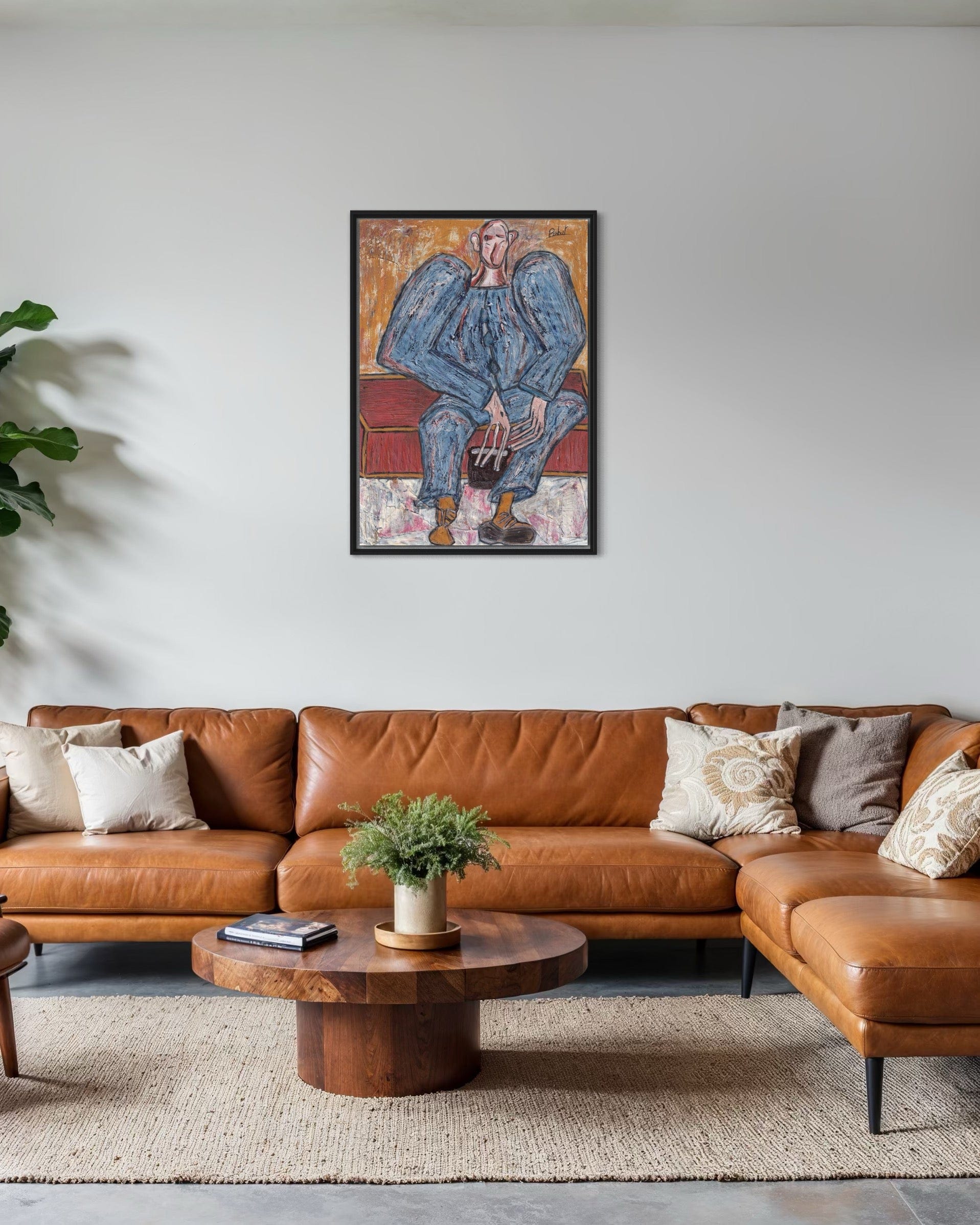 Living room with brown leather sectional sofa, wooden coffee table, and abstract painting on the wall.