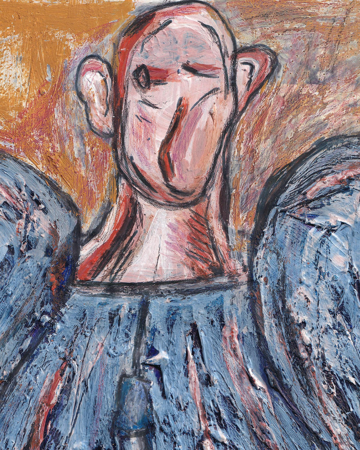 Abstract painting of a face with a neutral expression on a textured background