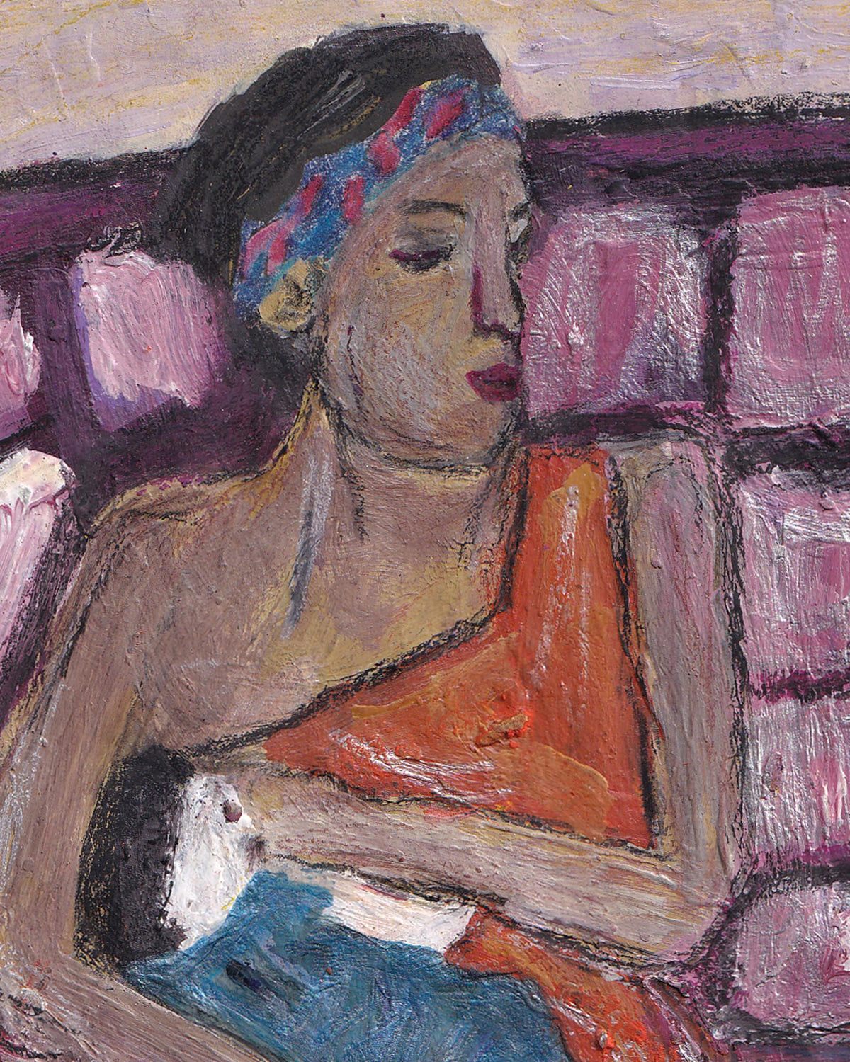 Artistic depiction of a person with a colorful headband against a patterned background