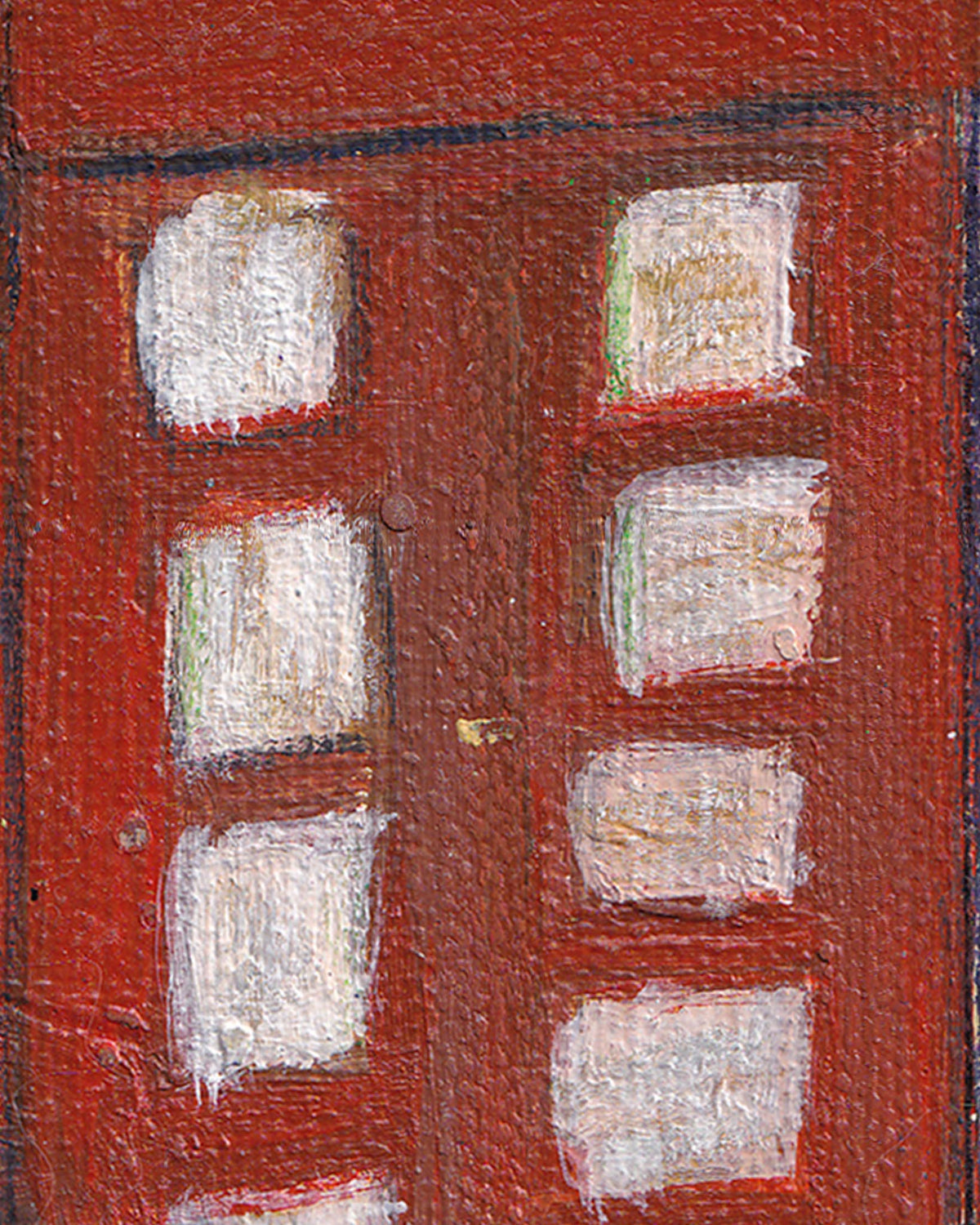 Artistic depiction of a red telephone booth with white doors.