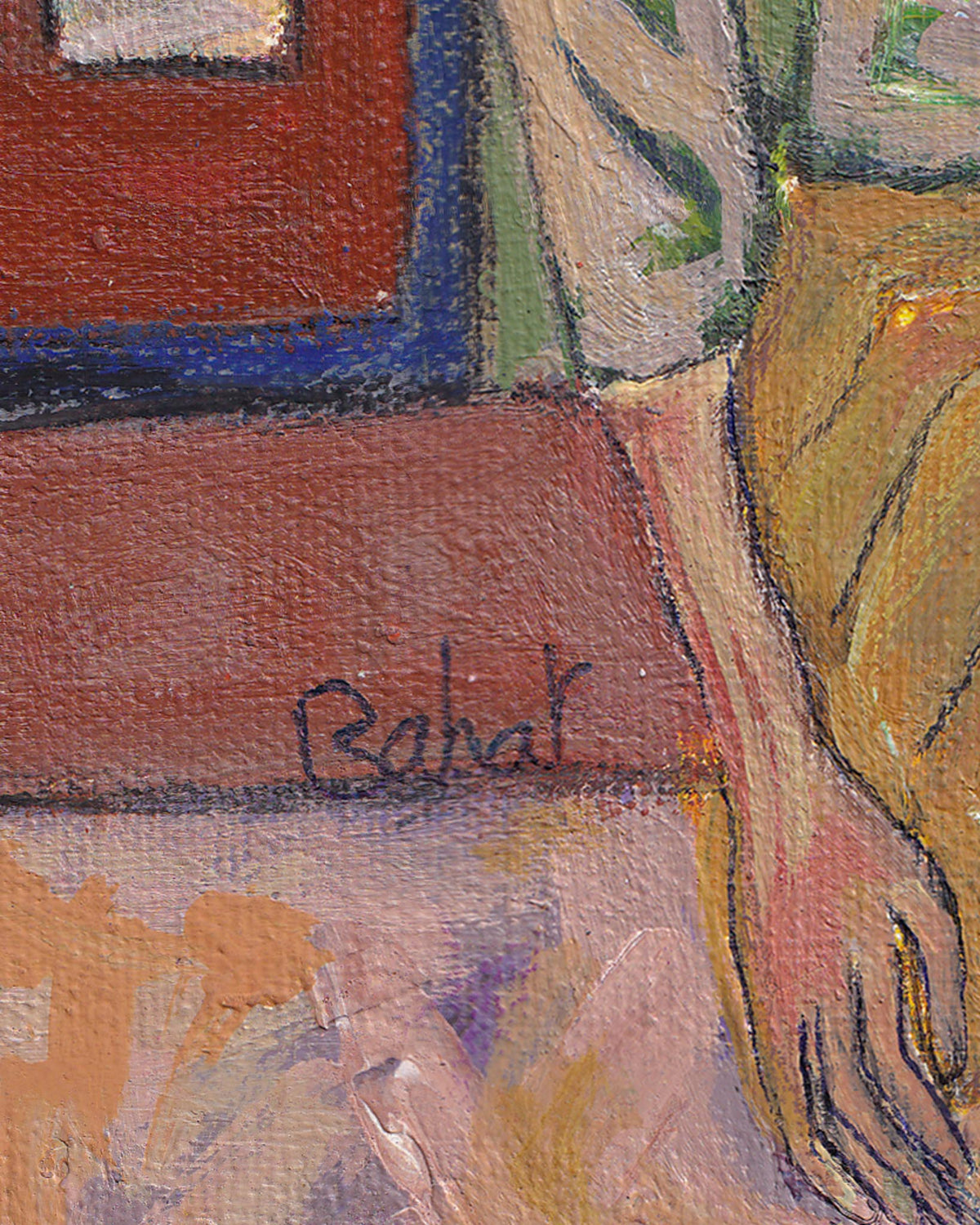 Close-up of a textured painting with a signature, featuring warm colors and abstract shapes.