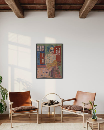 Living room with two brown chairs, a small table, and a colorful painting on the wall.
