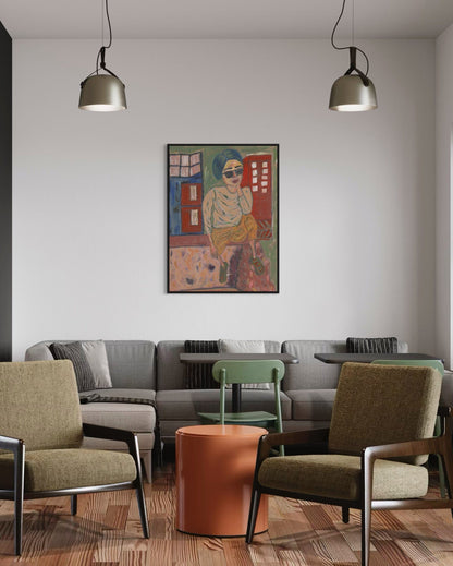 Modern living room with gray sofa, green chairs, and a colorful painting on the wall.
