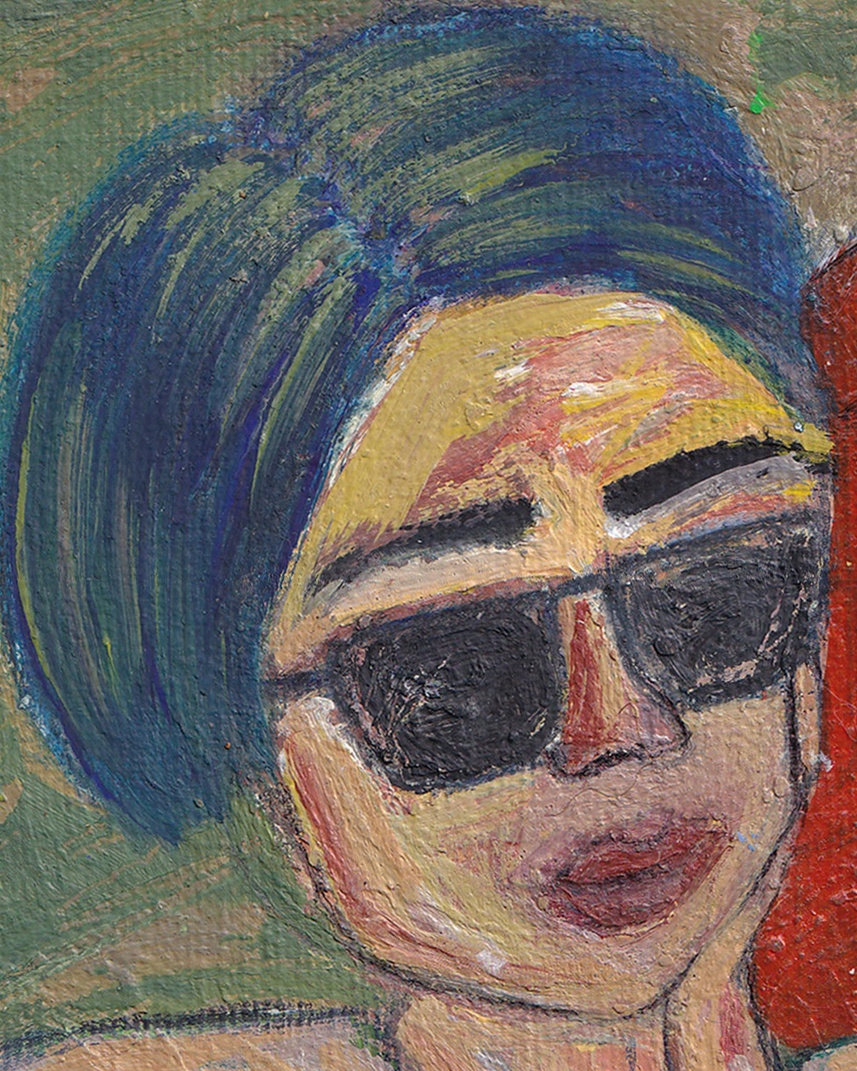 Artistic depiction of a person with a helmet and sunglasses against a colorful background