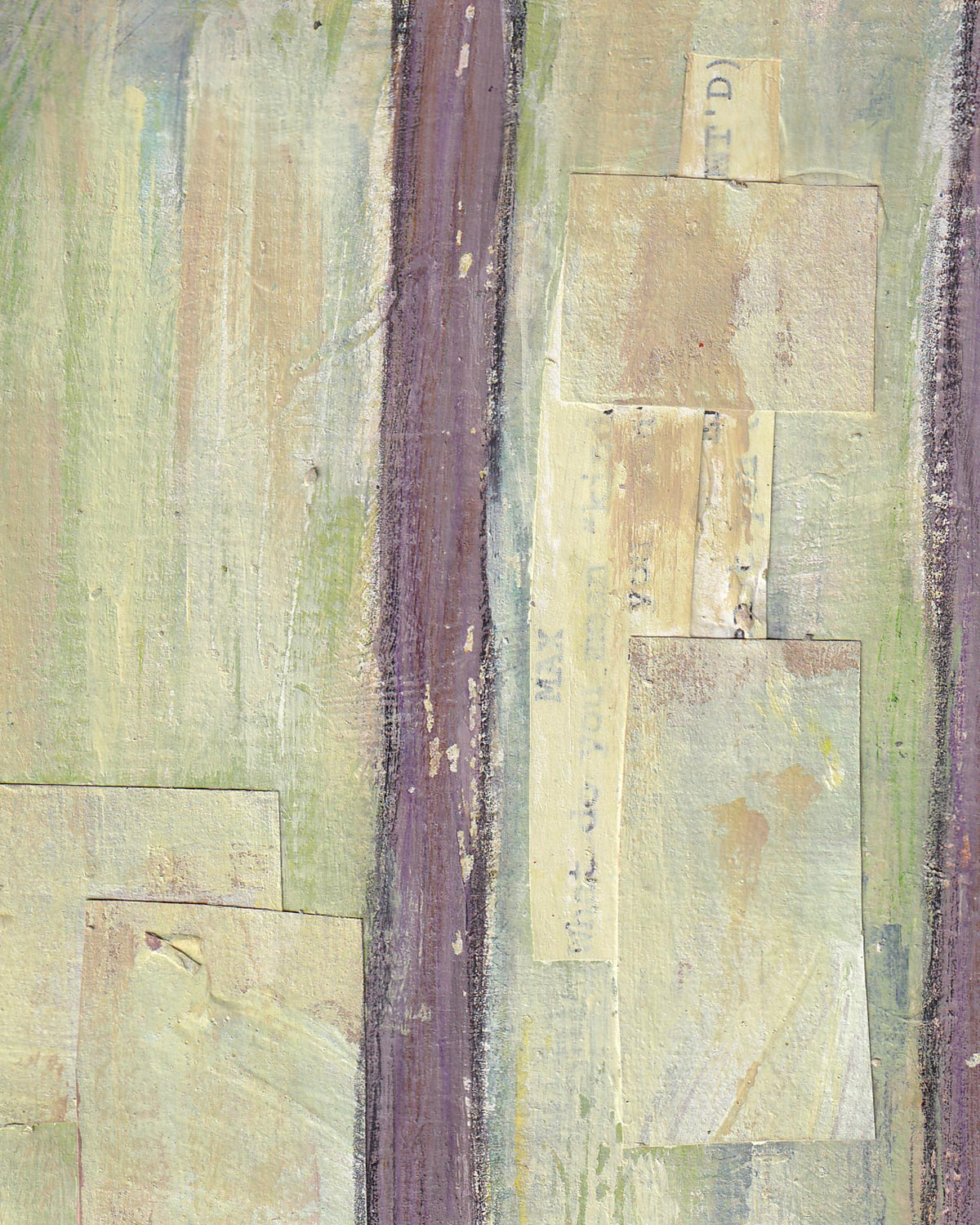 Abstract art with rectangular color blocks in green, purple, and brown.