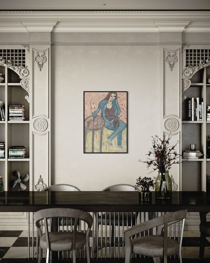 Dining room with a large table and chairs, featuring a wall art piece of a woman at a table.