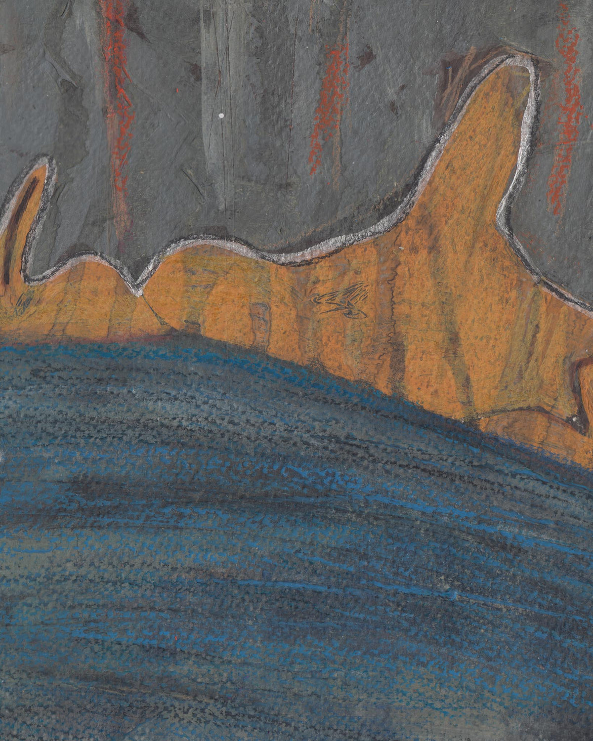 Artistic depiction of a mountain landscape with orange and gray tones.