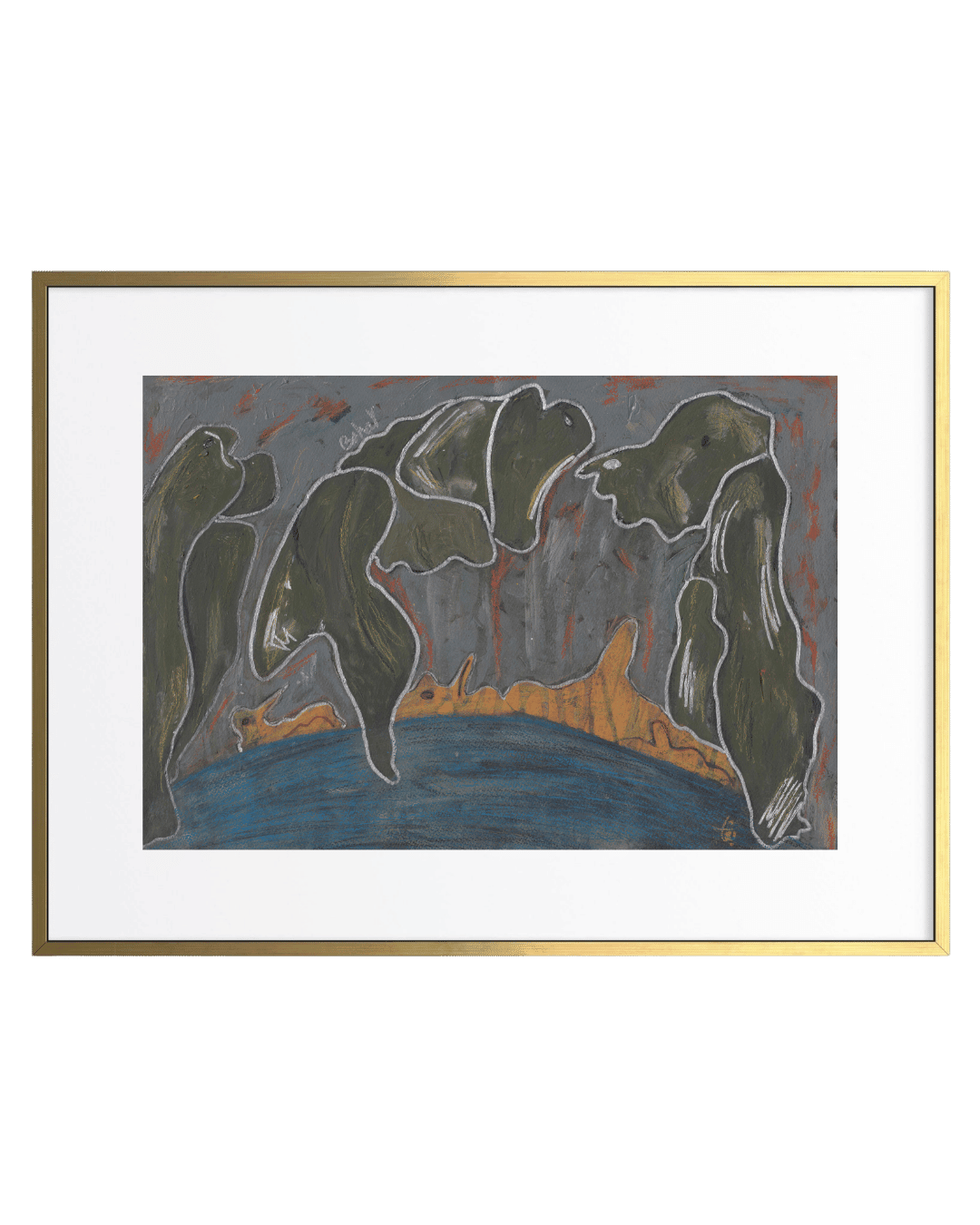 Framed artwork of abstract figures with a green background