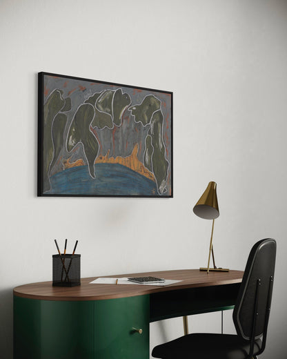 Modern office setup with a desk, chair, lamp, and abstract painting on the wall.
