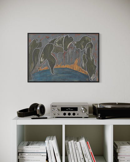 Framed abstract painting on a wall above a white shelf with electronic equipment and books.