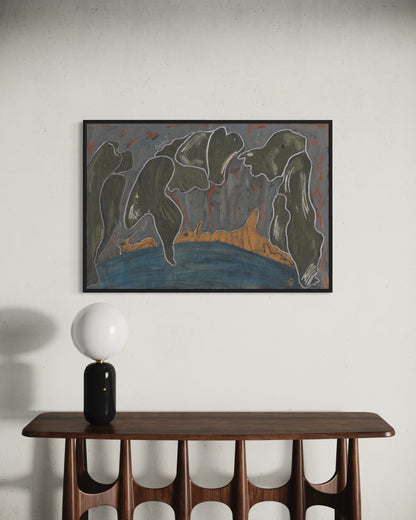 Framed abstract painting above a wooden console table with a lamp.