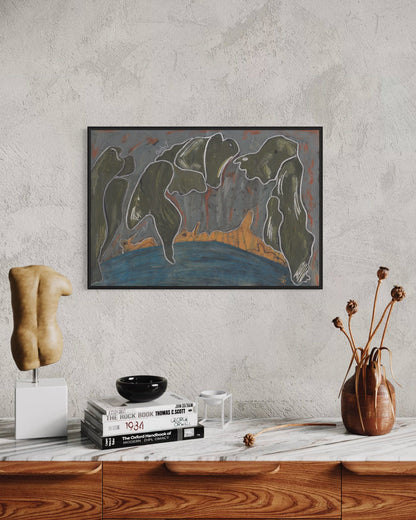 Framed abstract painting on a wall above a wooden shelf with decorative items.