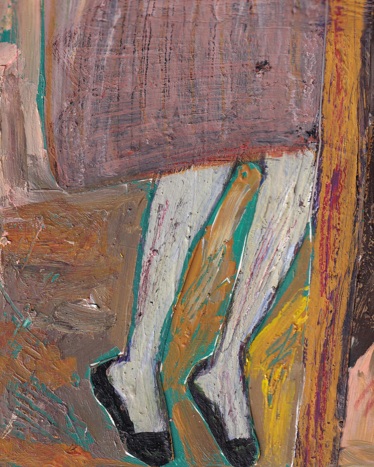 Abstract painting with textured brushstrokes in brown, white, black, and yellow.