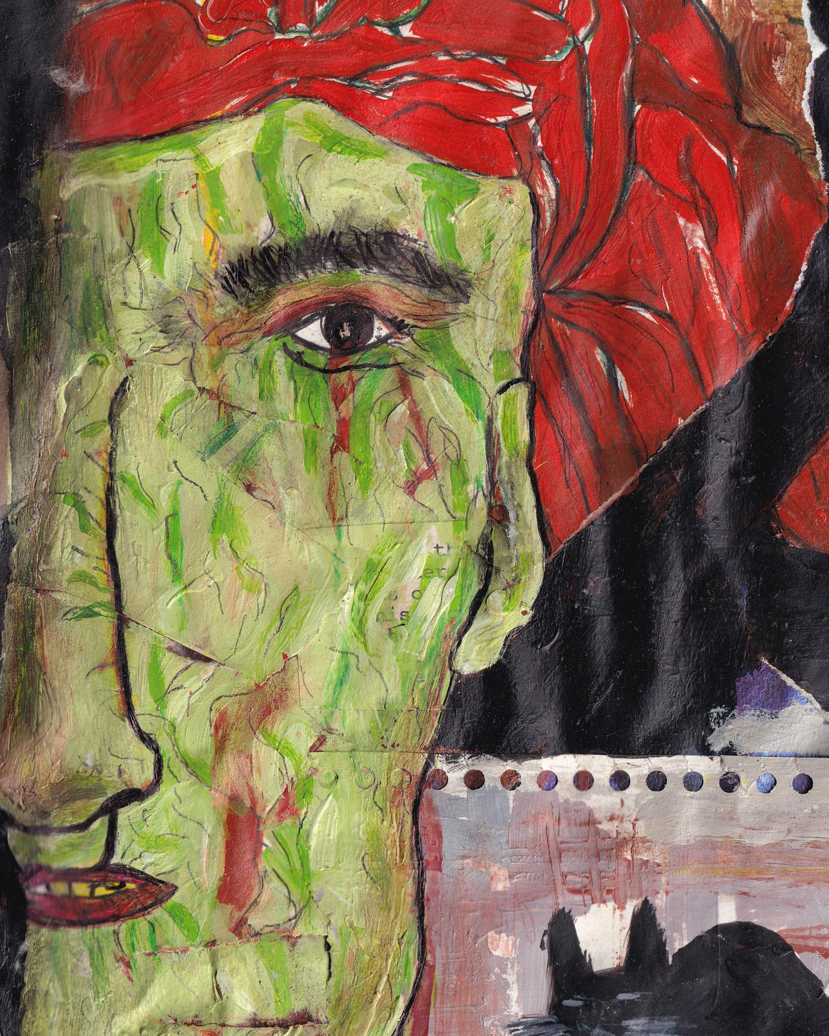 Artistic depiction of a face with green skin and a red headscarf, with a black cat in the background.