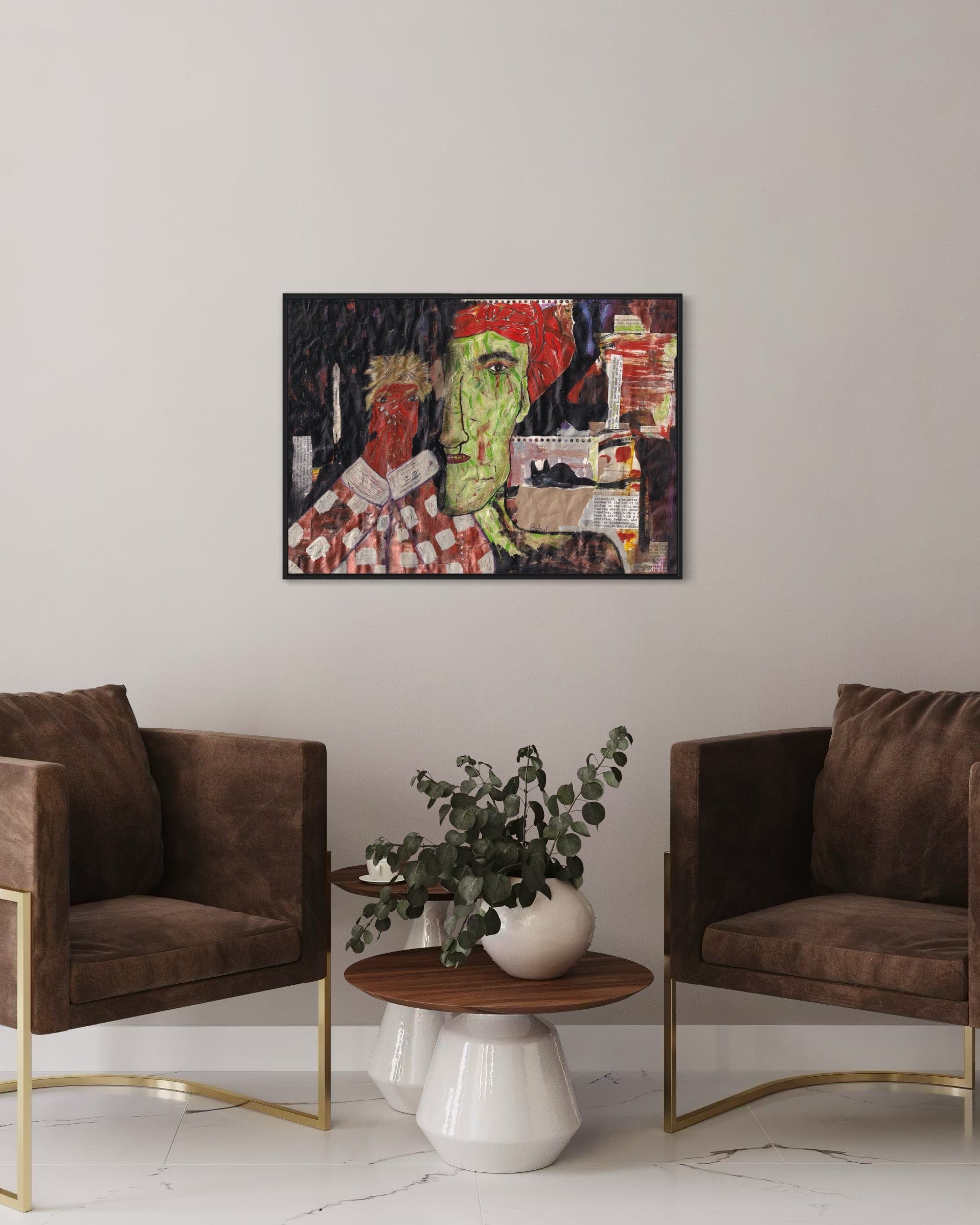 Modern living room with brown chairs, a small table with a plant, and a colorful abstract painting on the wall.
