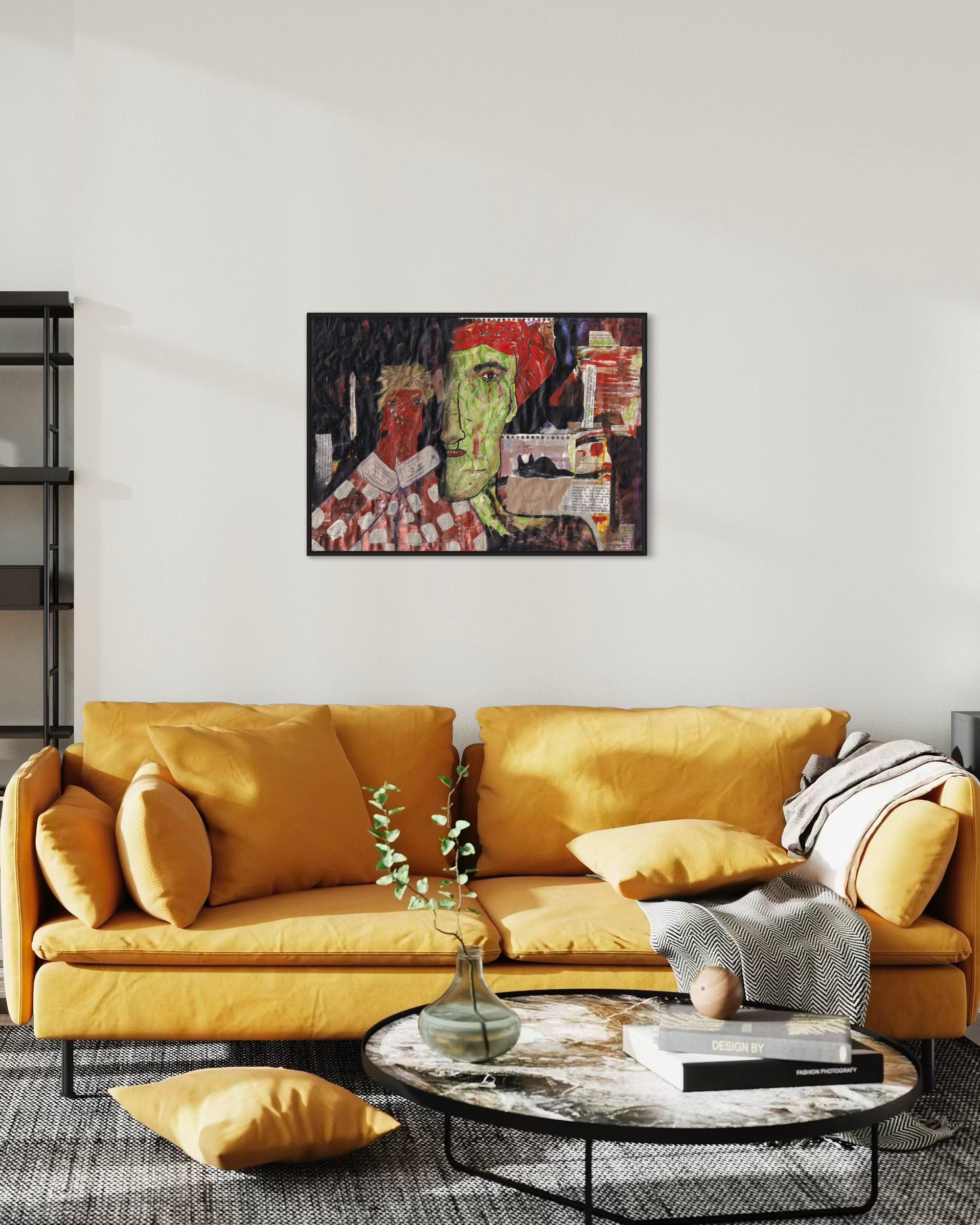 Yellow sofa in a living room with a painting on the wall