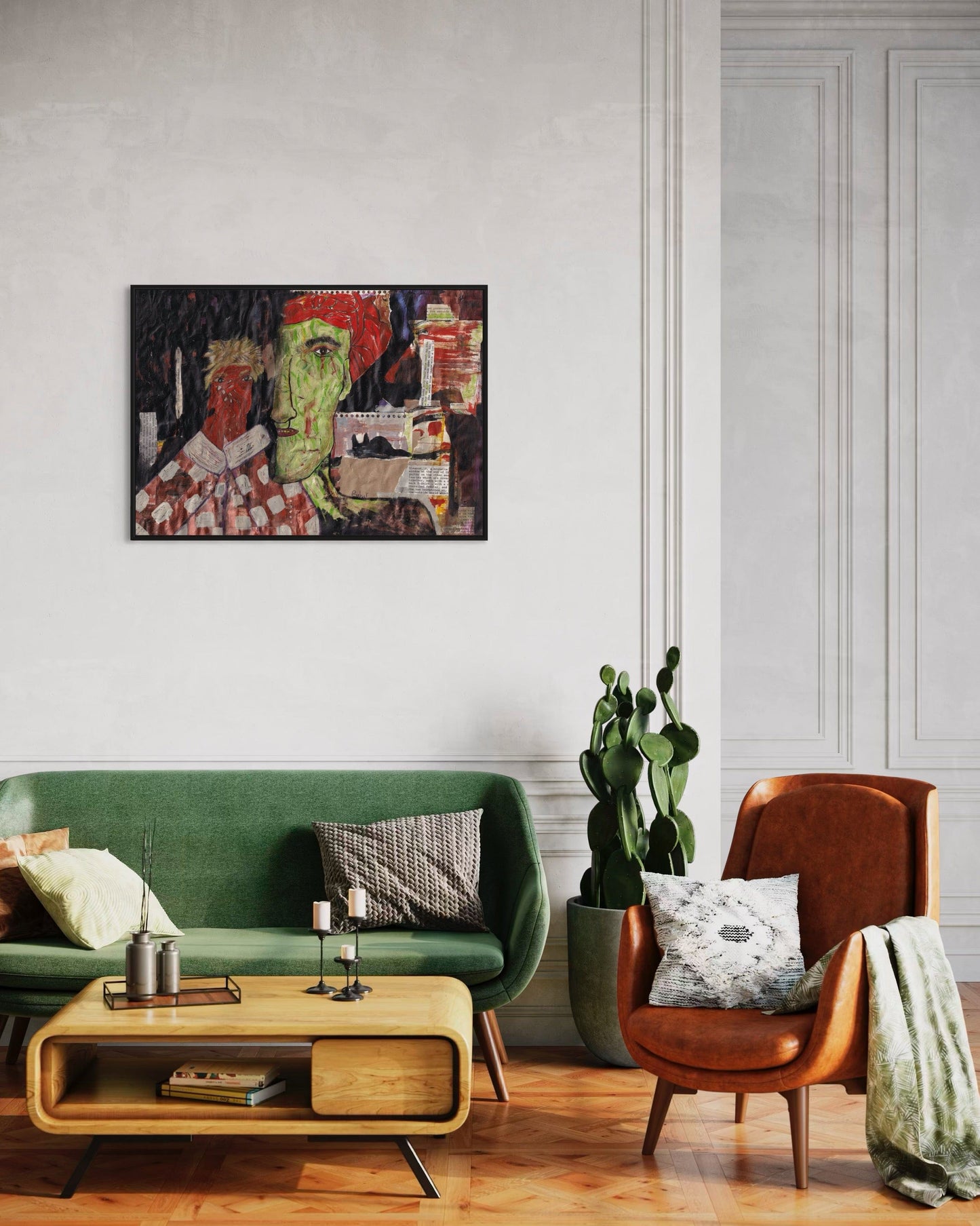 Modern living room with green sofa, brown armchair, and abstract painting on white wall.