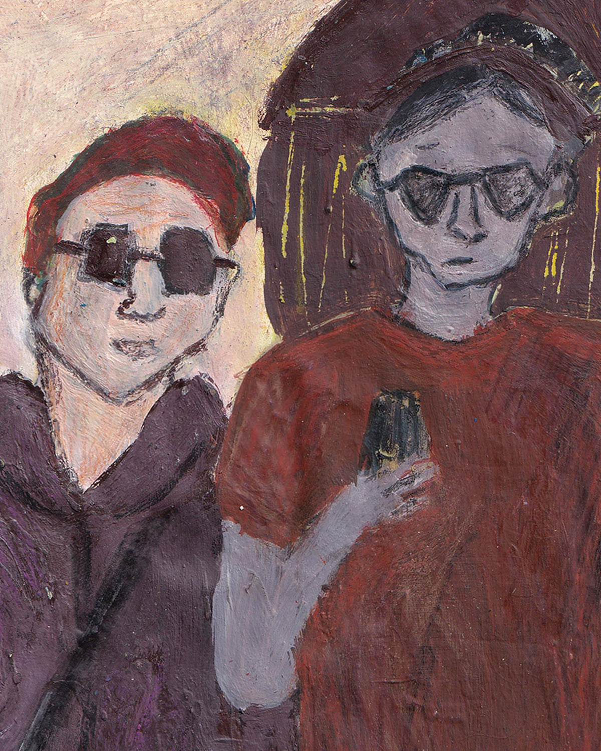 Two people wearing sunglasses and hoodies, with one holding a phone, in a stylized, abstract manner.