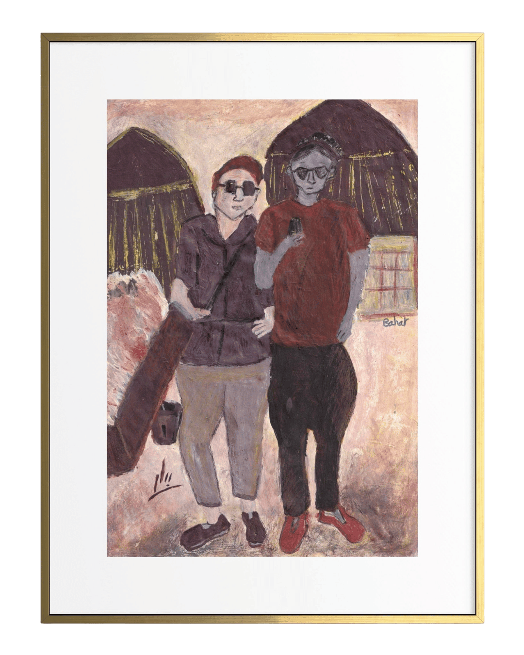 Artistic depiction of two people standing together with a framed border.