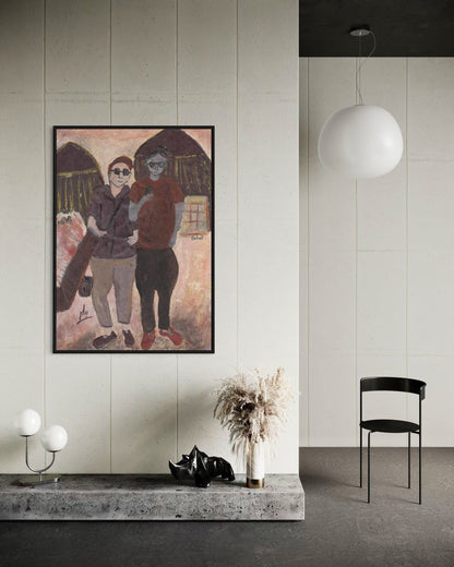Framed artwork of two people on a wall in a modern interior setting.
