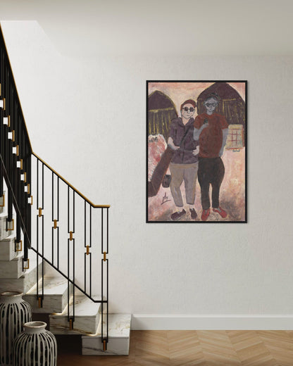 Framed artwork of three people hugging on a wall above a staircase.