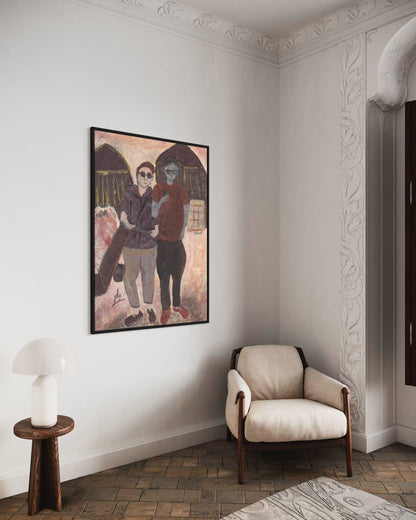 Artistic depiction of two people on a wall in a room with a chair and table.