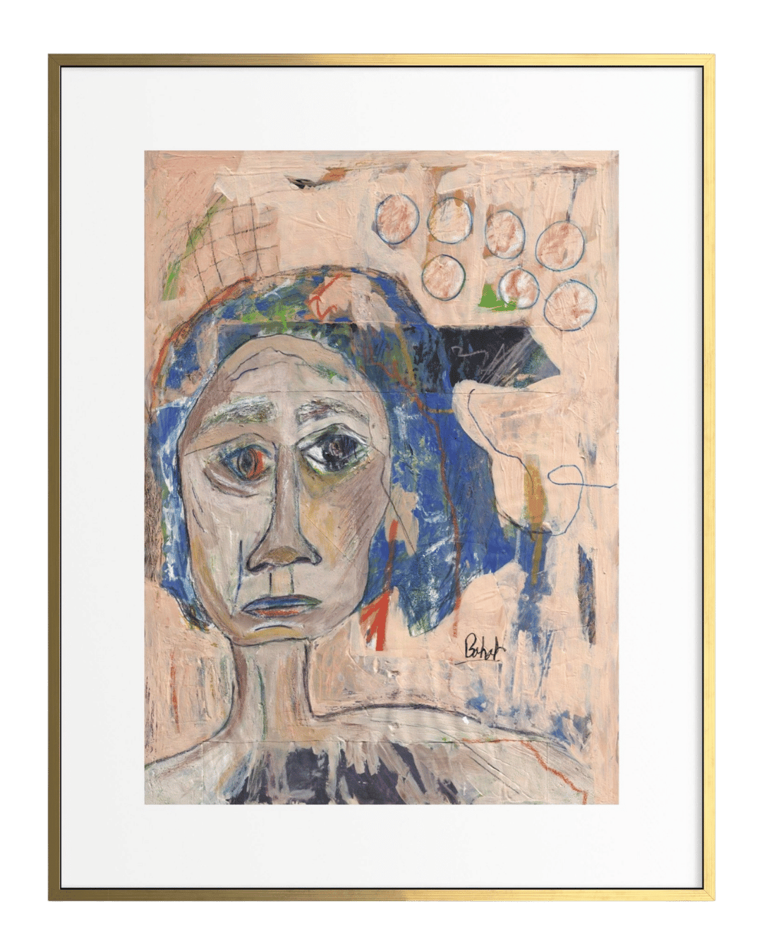 Artistic portrait with abstract elements and a gold frame