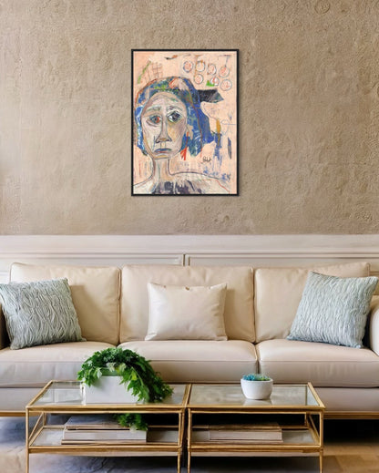 Living room with a beige sofa, glass coffee table, and abstract painting on the wall.
