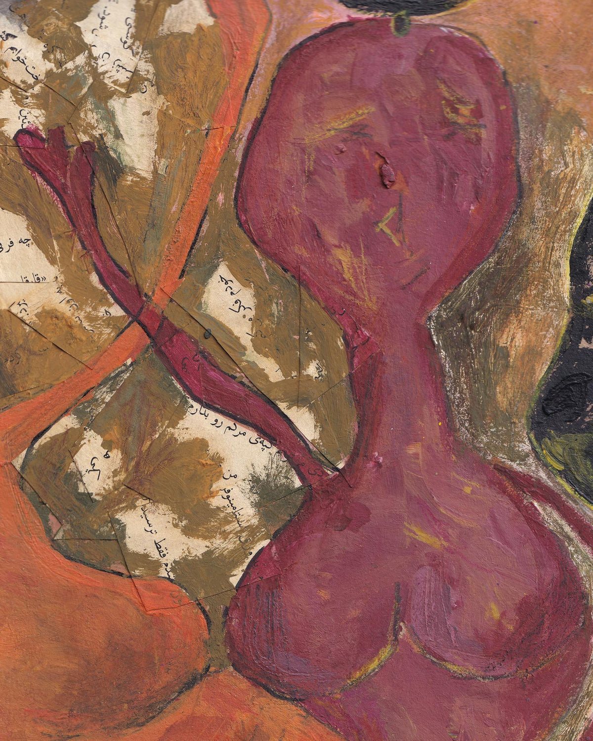 Abstract painting with a prominent red figure on a textured background