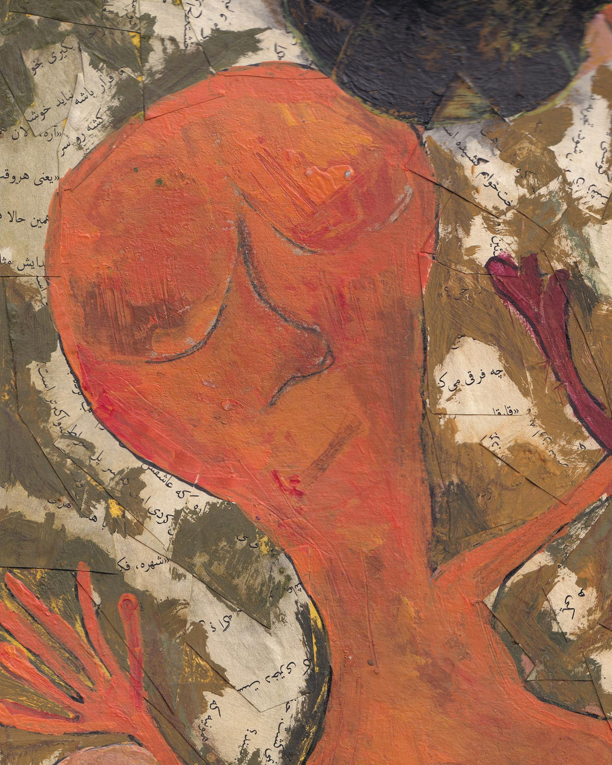Abstract artwork with a prominent red shape on a textured background