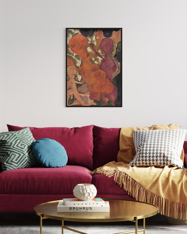 Living room with a colorful sofa, coffee table, and abstract art on the wall.