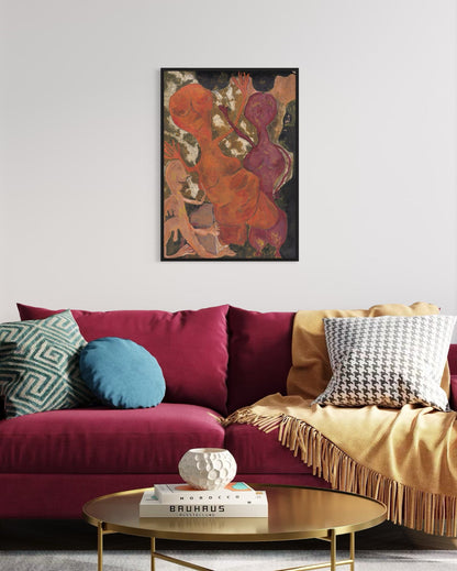Living room with a colorful sofa, coffee table, and abstract art on the wall.