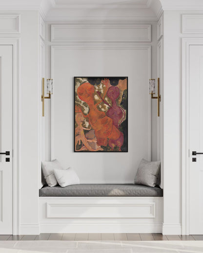 Decorative painting above a cushioned bench in a room with white walls and doors.