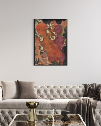 Abstract painting on a wall above a gray sofa in a living room.