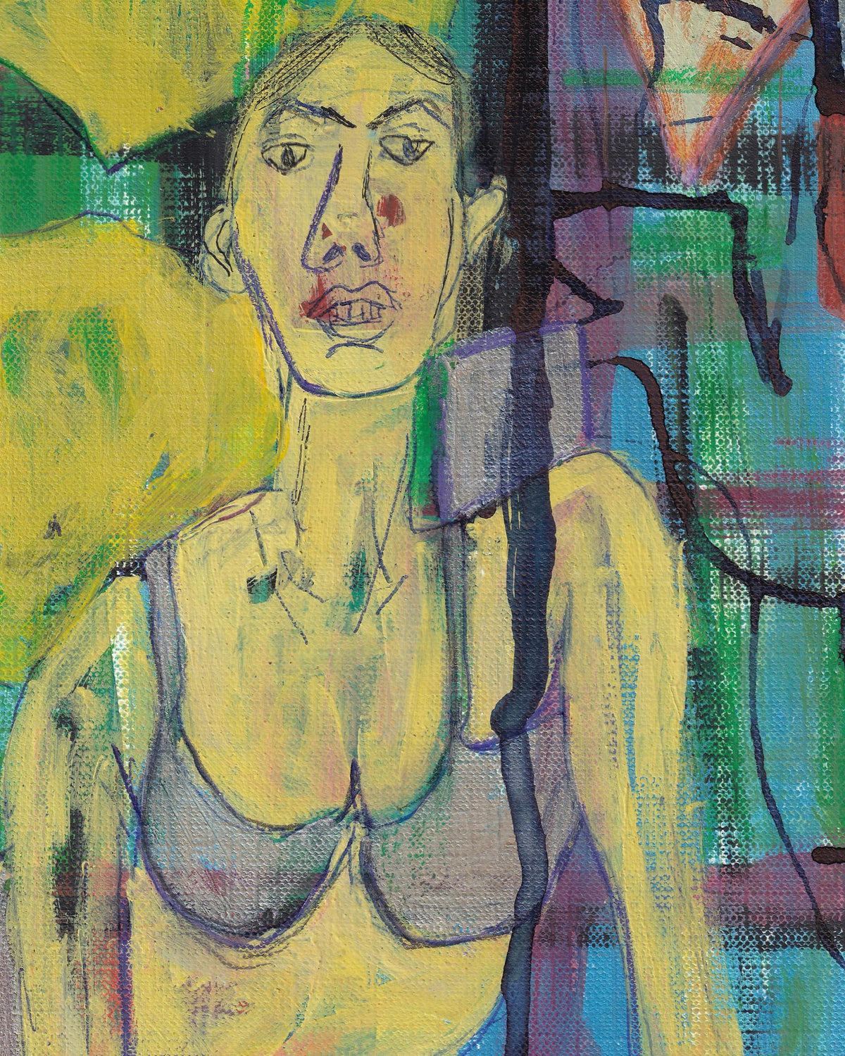Abstract painting of a person wearing a bra with colorful background