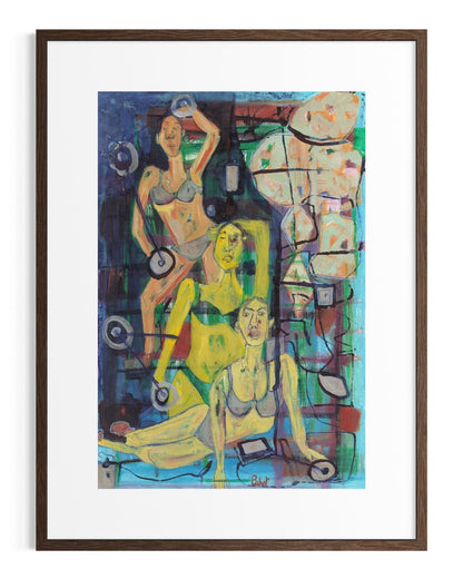 Framed abstract artwork with figures and geometric shapes on a white background