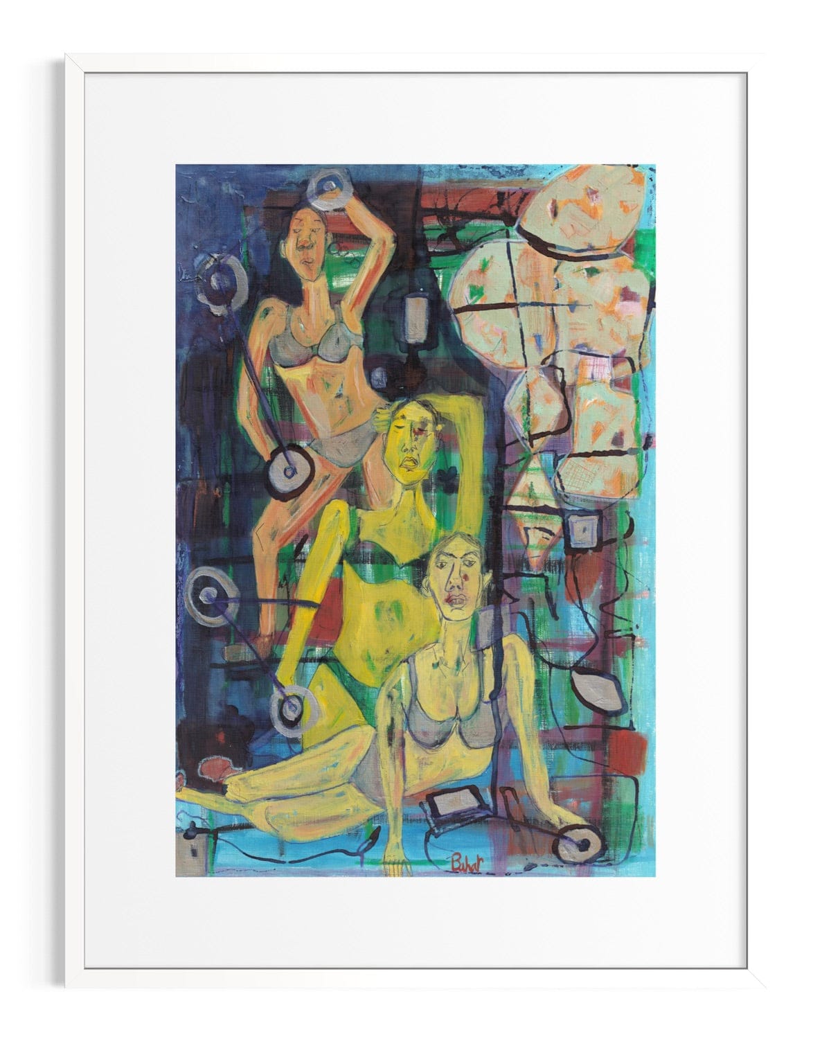 Abstract artwork with figures and geometric shapes in a white frame