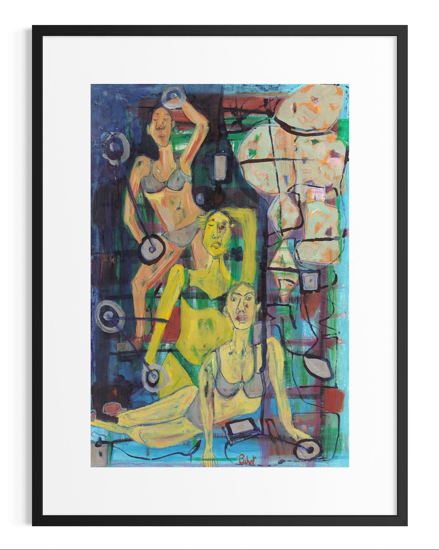 Abstract artwork with figures in a colorful and dynamic style